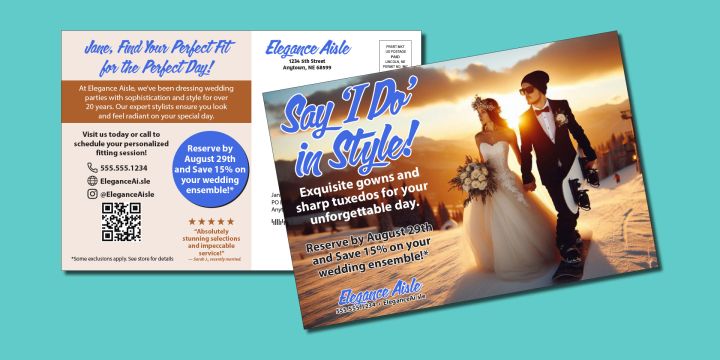 Wedding promotional postcard featuring a bride and groom walking at sunset with the text 'Say 'I Do' in Style!'