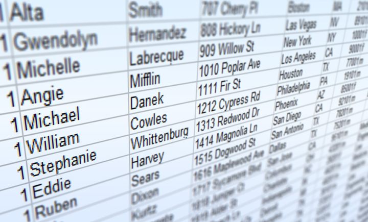 Close-up of a spreadsheet displaying names, addresses, and city/state information in a tabular format, with blurred edges for a depth effect.