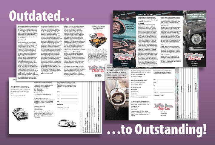 Design comparison of classic car brochures, showcasing a transformation from outdated text-heavy layouts to visually appealing and modern designs with vibrant imagery and clear formatting, set against a purple background with the text 'Outdated... to Outstanding!